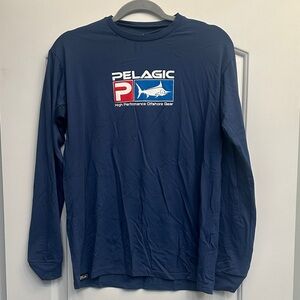 Pelagic Navy Blue Long Sleeve Shirt with Red, White, and Blue Logo
